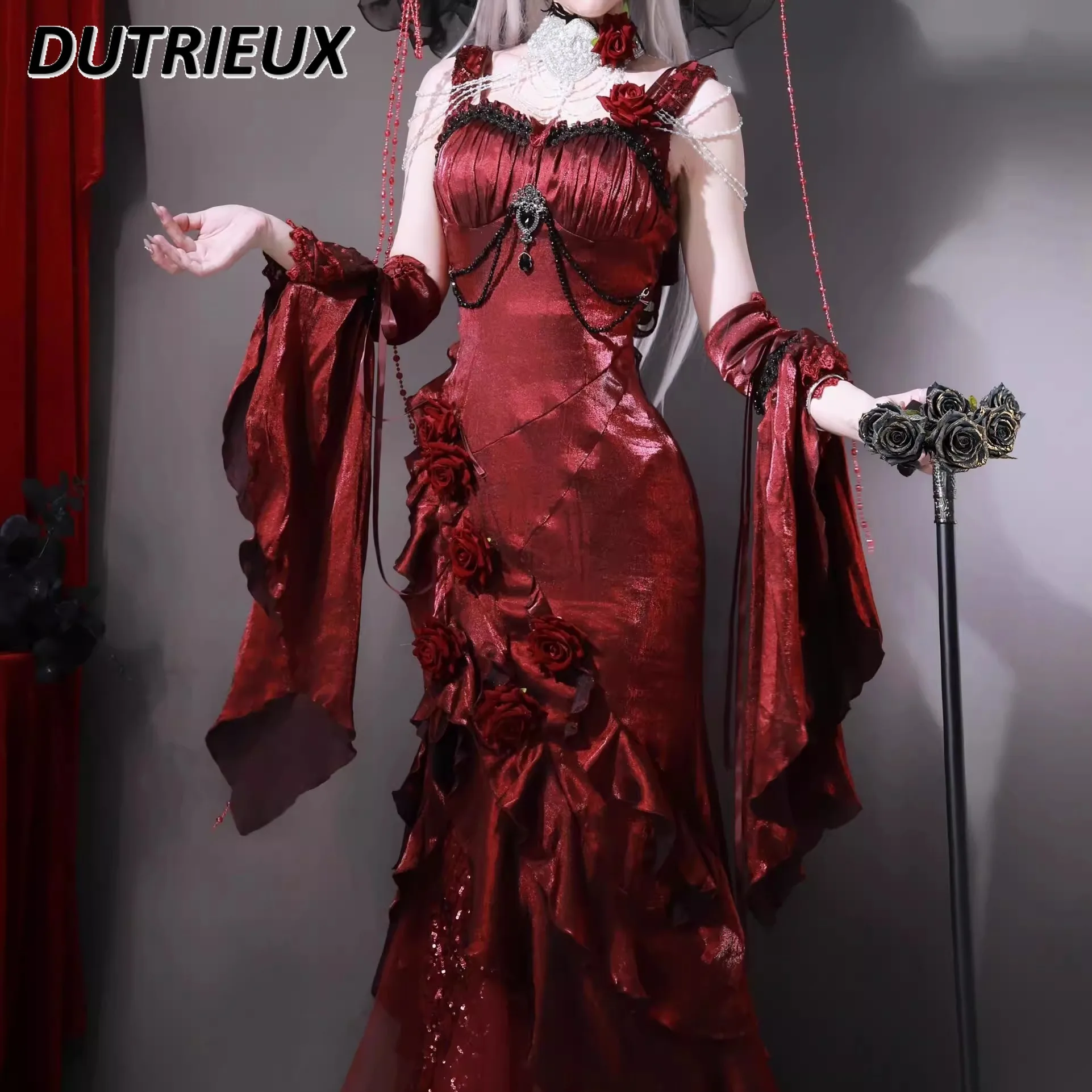 Musical Instrument Japanese - Red Rose Lolita Slimming Long Asymmetrical